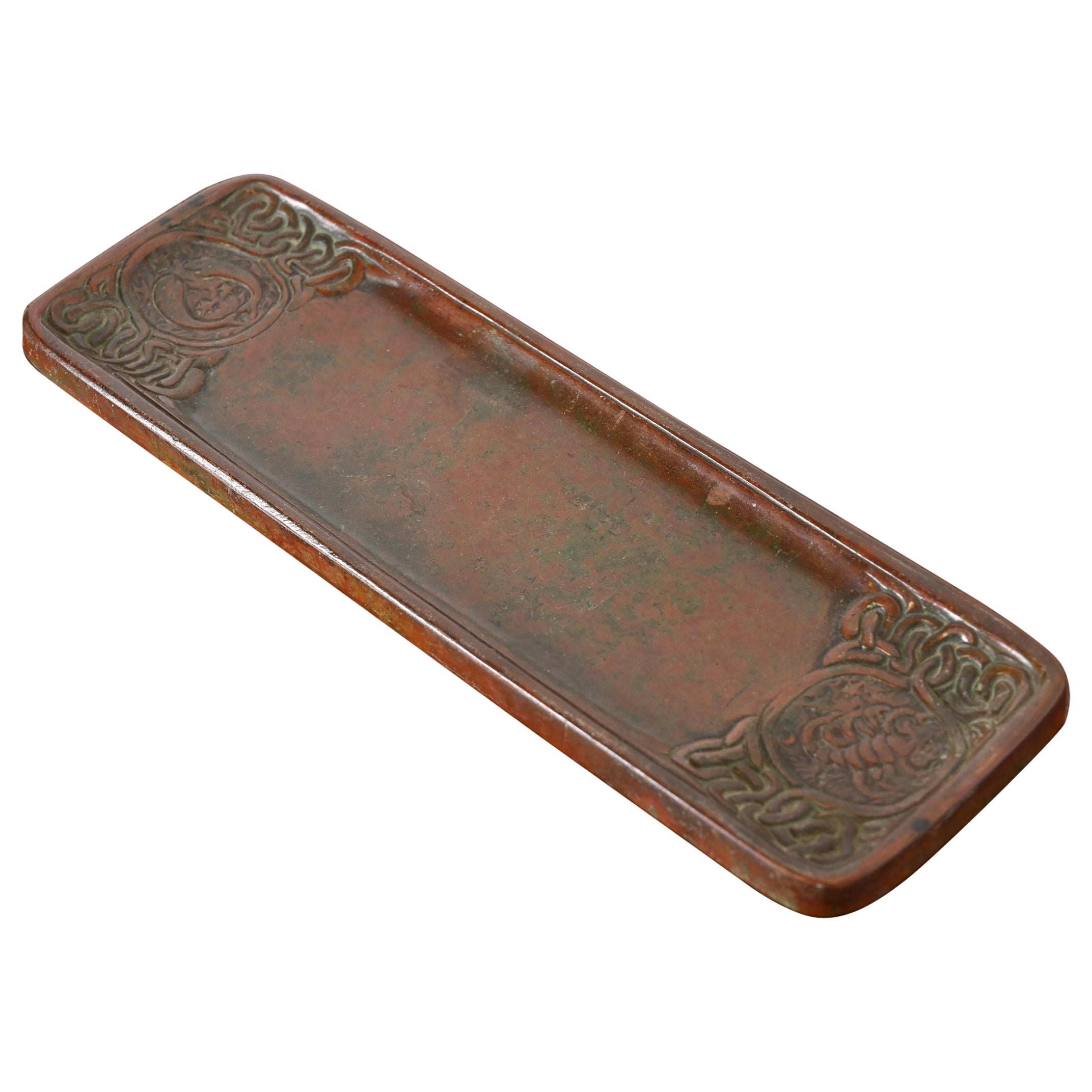 Tiffany Studios New York Zodiac Patinated Bronze Pen Tray, Circa 1910