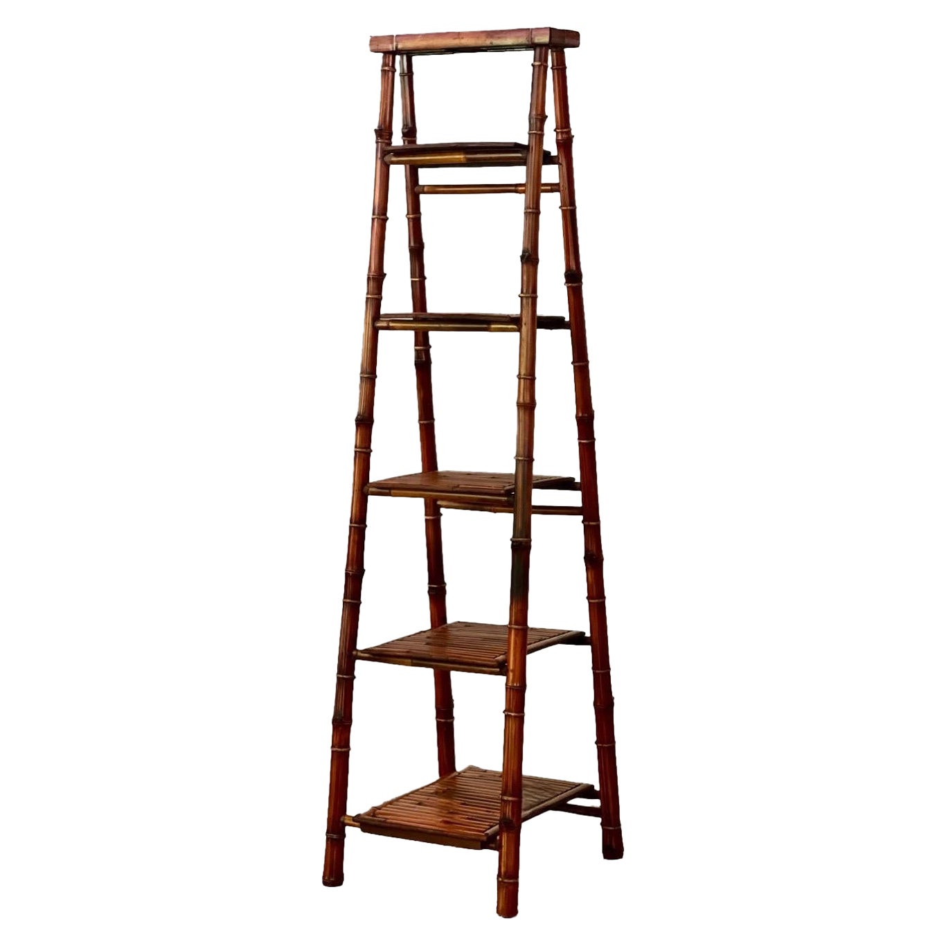 Vintage Bamboo Tall Ladder Style Etagere Display Stand