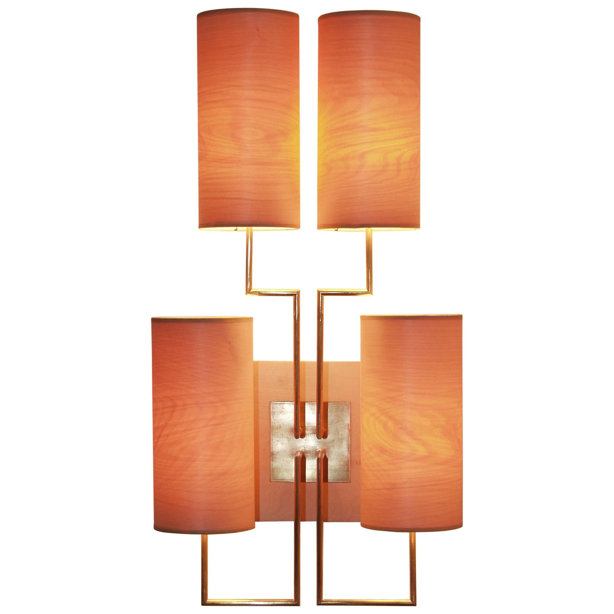Wall Lamp Sconce “Tige4” Gold Bronze Patina, Wooden Lampshades by Aymeric Lefort For Sale