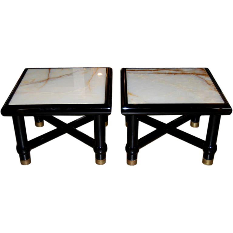 Italian Black Lacquer Side Tables with Onyx Tops For Sale