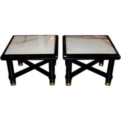 Vintage Italian Black Lacquer Side Tables with Onyx Tops