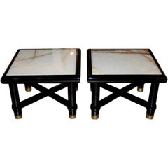 Italian Black Lacquer Side Tables with Onyx Tops