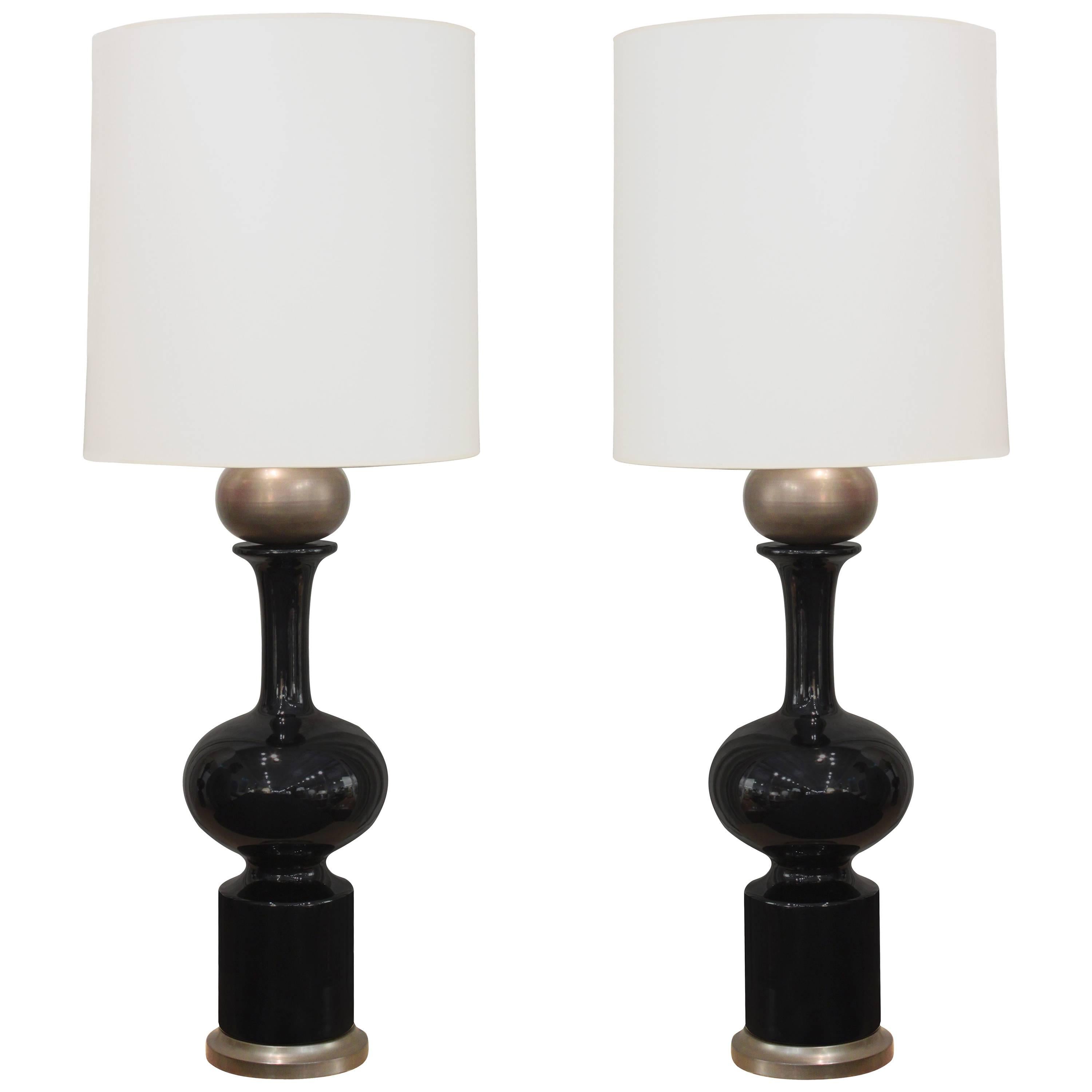 Pair of Chic Black Ceramic and Bronze Table Lamps