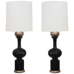 Pair of Chic Black Ceramic and Bronze Table Lamps