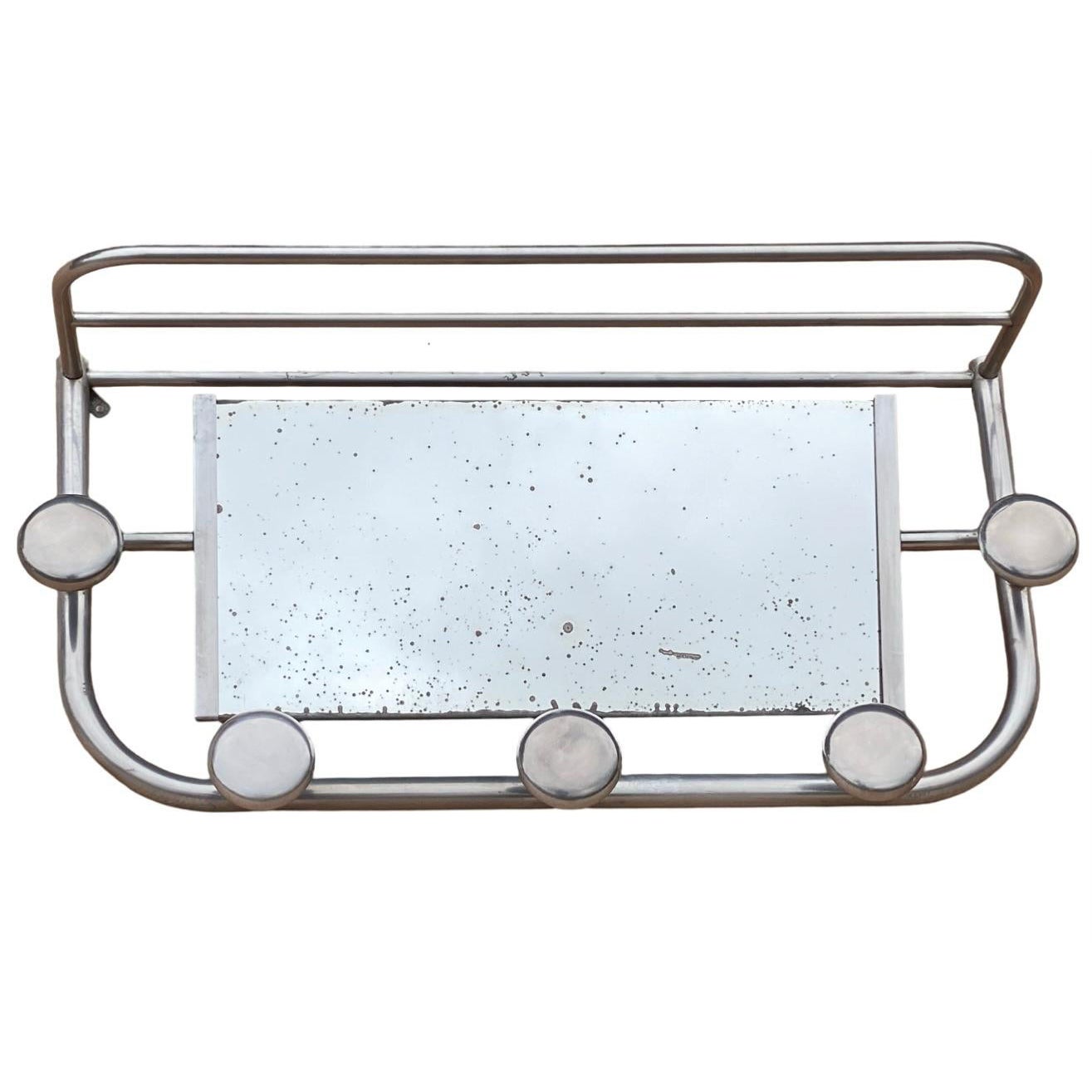 Art Deco Aluminium Crochets et Miroir de courtoisie et étagère