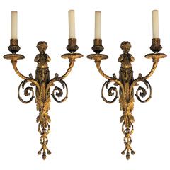 Exquisite Pair Of Antique French Dore Bronze Cherub Putti Flute Two Arm Sconces
