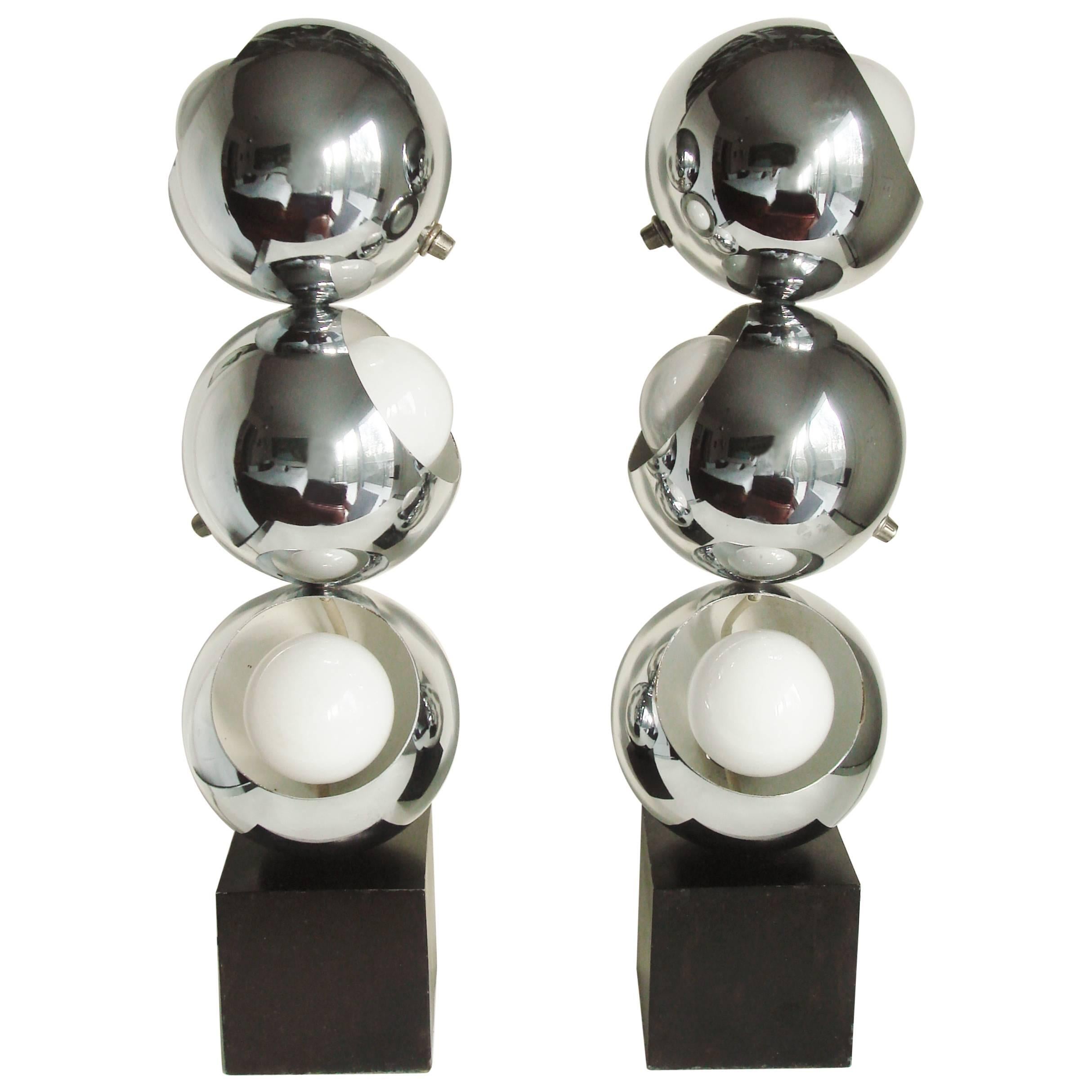 Bookmatched Pair of American 1960s Chrome and Black Enamel Triple Eyeball Lamps