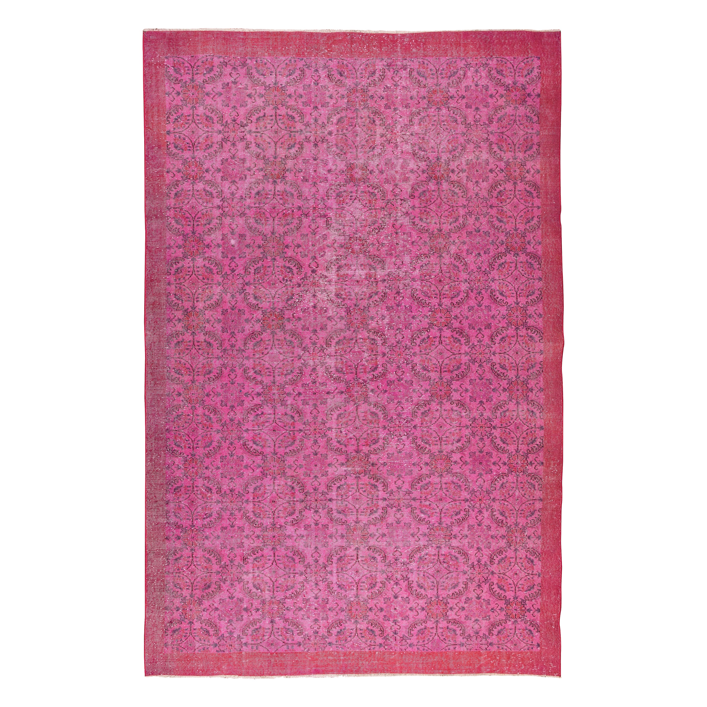 7.5x11 Ft Handmade Floral Area Rug in Pink, Contemporary Turkish Wool Carpet
