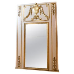 Antique Large white lacquered wooden mirror with golden decorations, very high, France