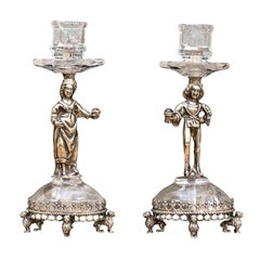 Antique Set Of 2 Silver Mounted Rock Crystal Candlesticks