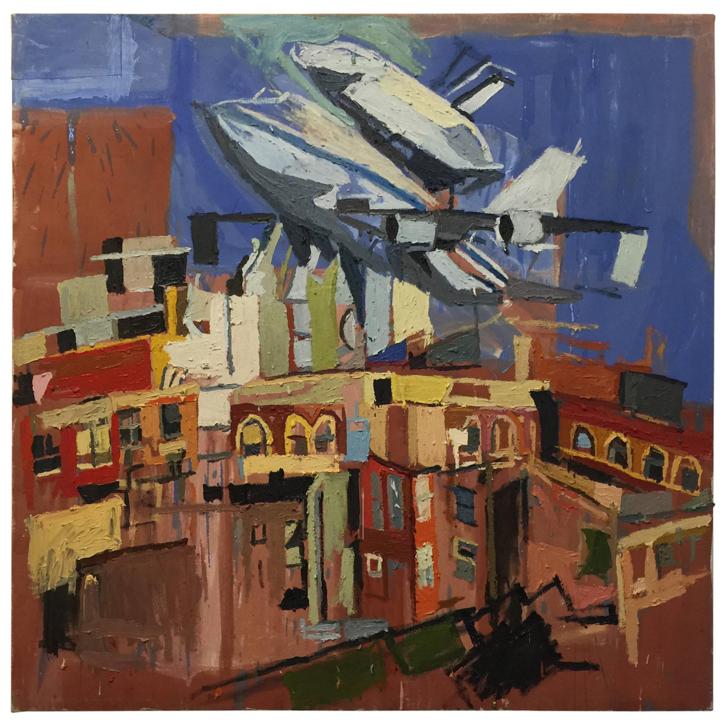 Space Shuttle over Harlem Oil Painting by New York Artist Clintel Steed, 2012 For Sale