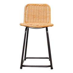 Charlotte Perriand Style High Back Chair with Rattan Seat and Black Metal Frame