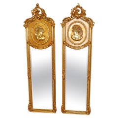 Pair of Tall Narrow Louis XV French Style Gold Figural Beveled Glass Mirrors