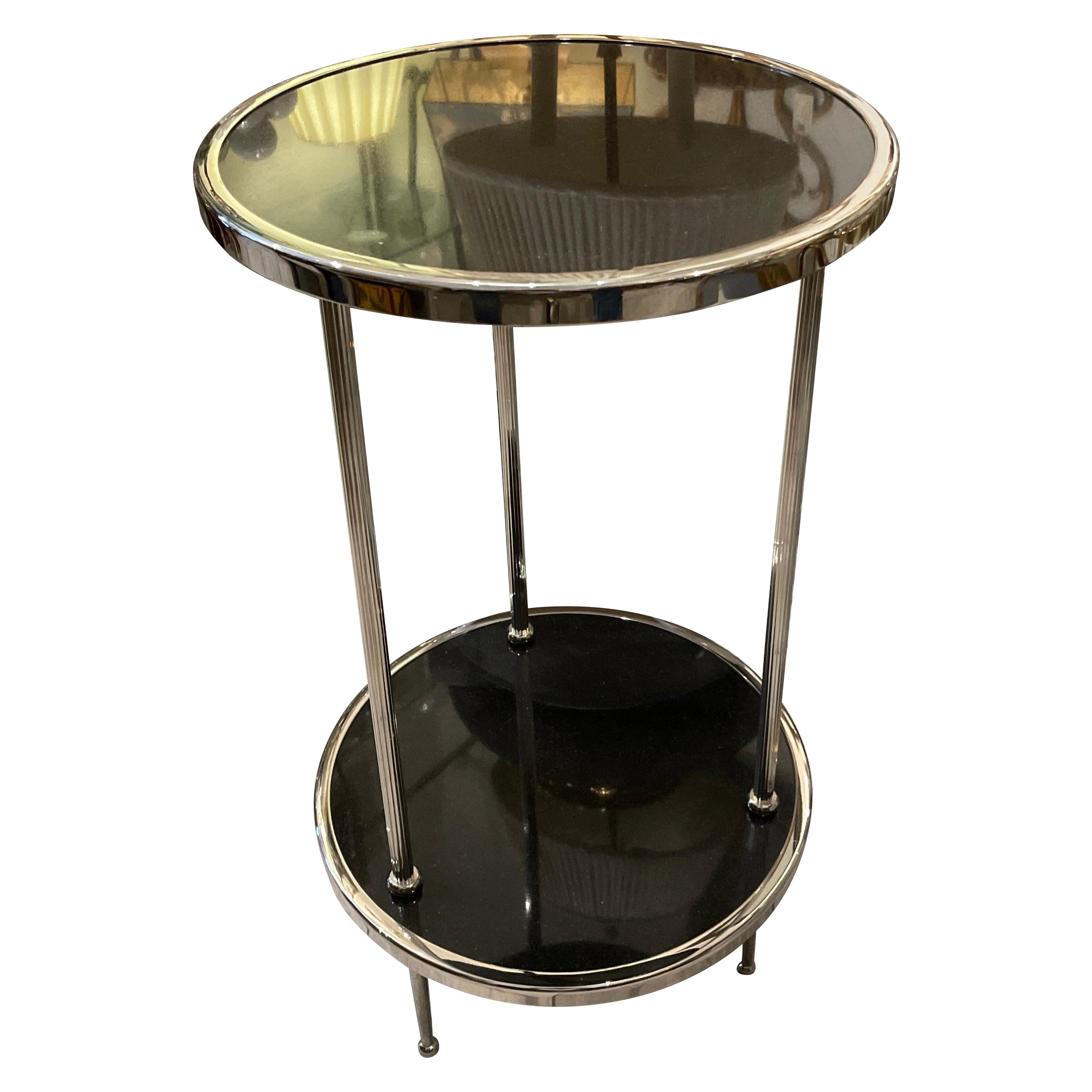 Table d'appoint à deux niveaux en marbre noir et nickel de style moderniste