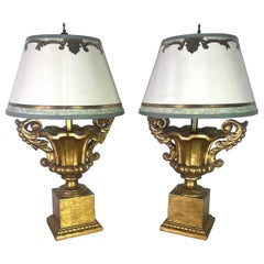 Pair of Giltwood Urn Neoclassical Style Lamps w/ Parchment Shades