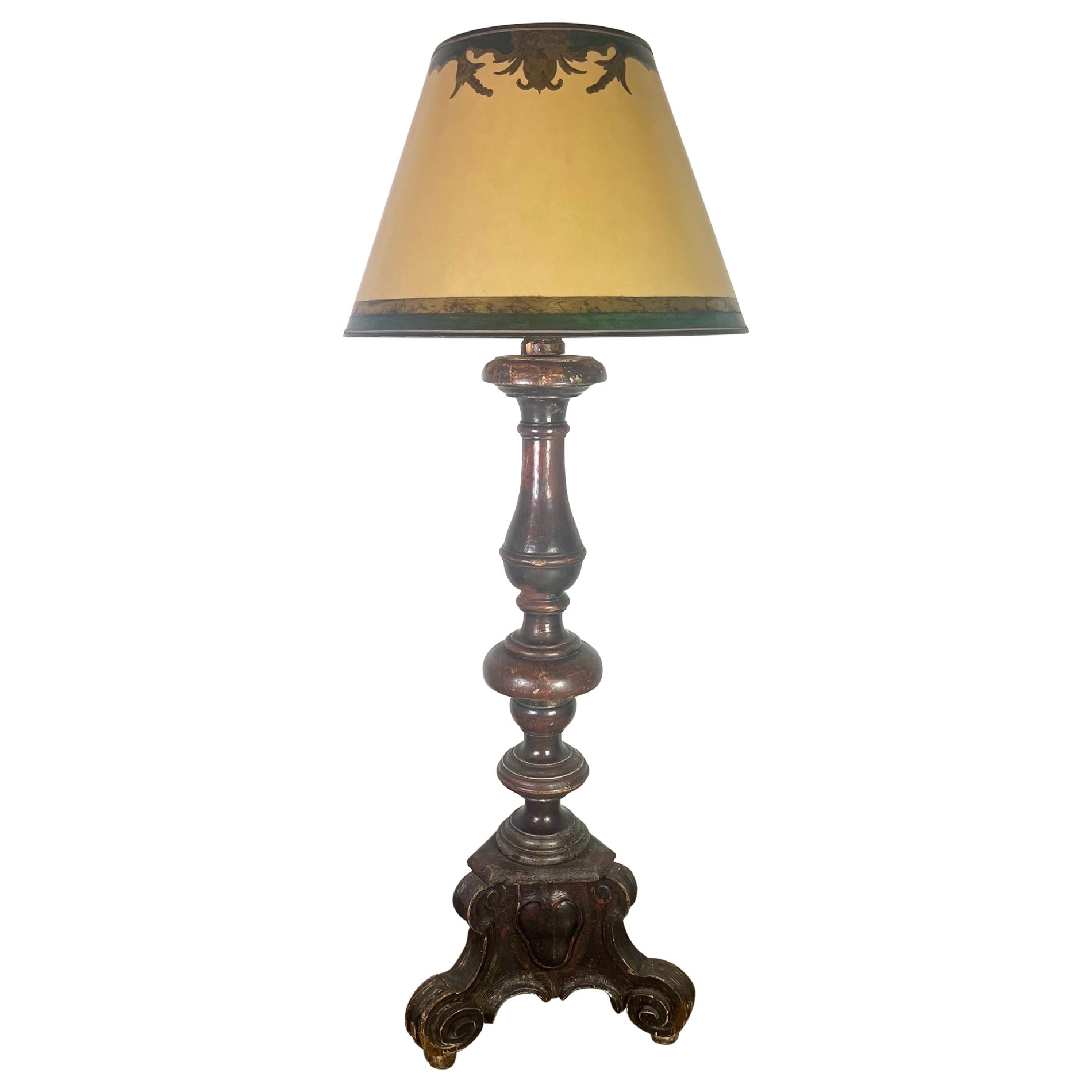 18. Jahrhundert Italienisch Barock geschnitzt Standing Lamp w / Pergament Schatten