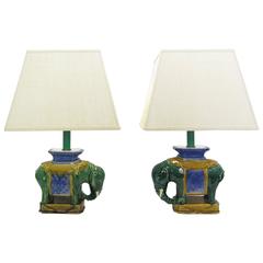 Retro Pair of Stately Glazed Ceramic Elephant Lamps