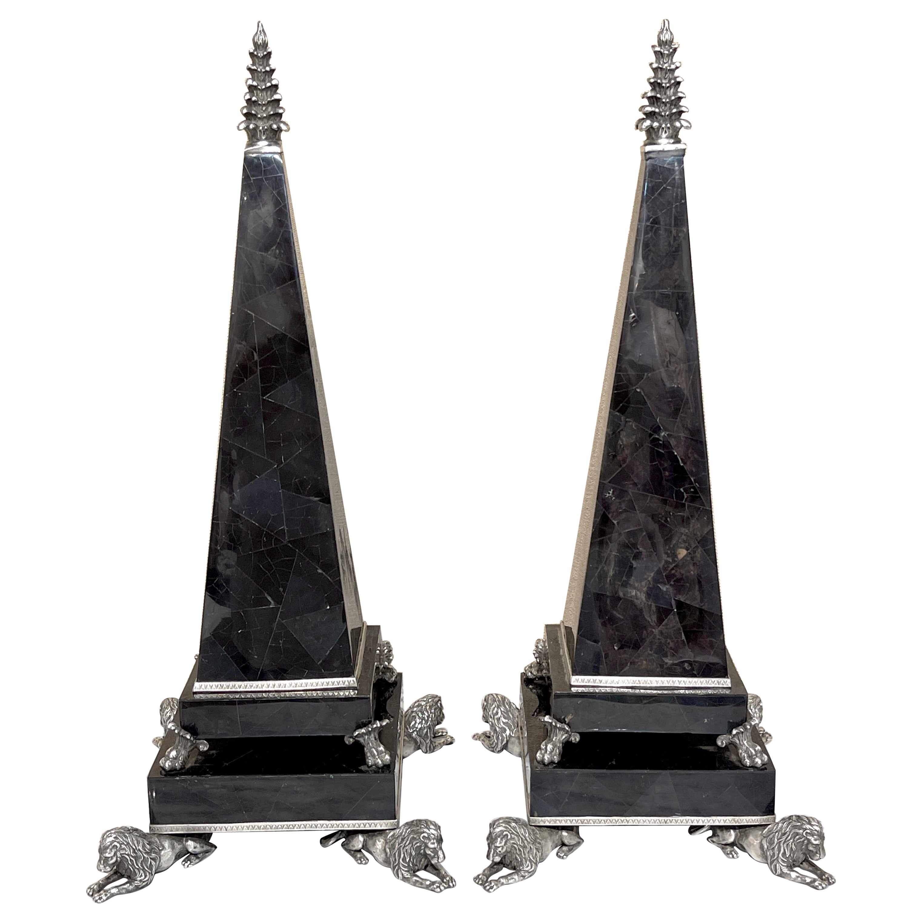 Large Pair Silverplated Bronze & Inlaid Coconut Shell Lion Motif Obelisks