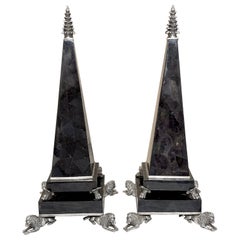 Large Pair Silverplated Bronze & Inlaid Coconut Shell Lion Motif Obelisks
