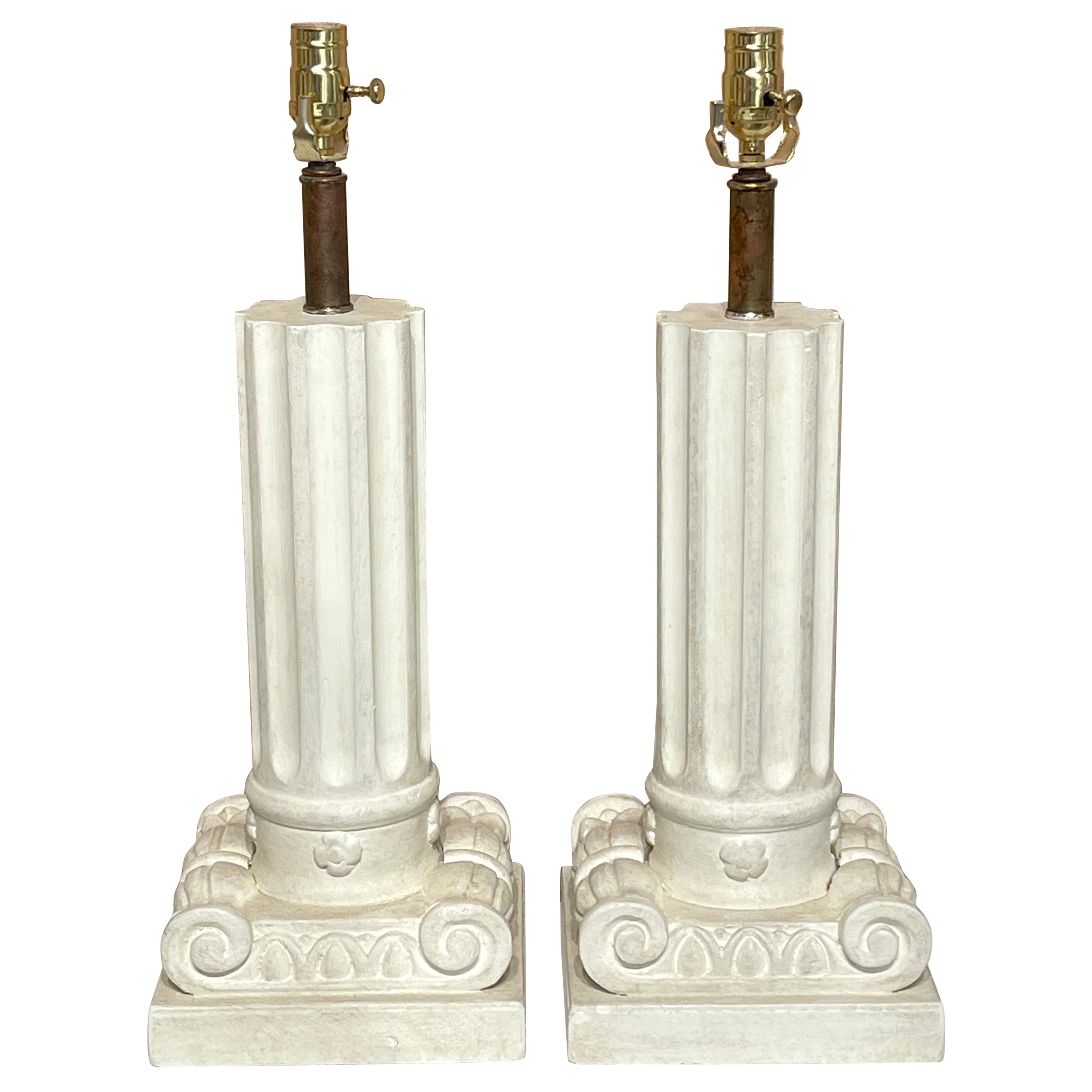 Pair of French Modern Serge Roche Style Wood & Plaster Inverted Column Lamps