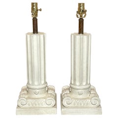 Pair of French Modern Serge Roche Style Wood & Plaster Inverted Column Lamps 