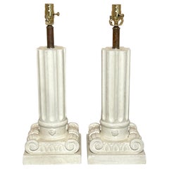 Pair of French Modern Serge Roche Style Wood & Plaster Inverted Column Lamps
