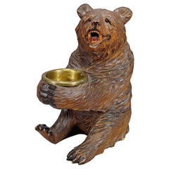 Wooden Carved Black Forest Bear with Brass Bowl, Brienz 1920s
