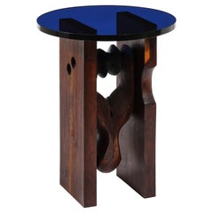 Carved Walnut & Cobalt Blue Glass Side Table, USA 1960's