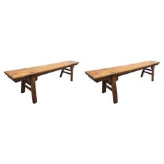 Pair of 19th Century 84" Long Elmwood Chinese Benches 4