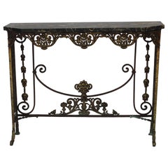 Antique C 1920's Oscar Bach Marble Top Iron & Brass Console Table (AF1-372)