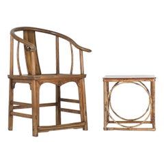 Antique 19th Century Chinese Elm Quanyi Horseshoe Back Armchair