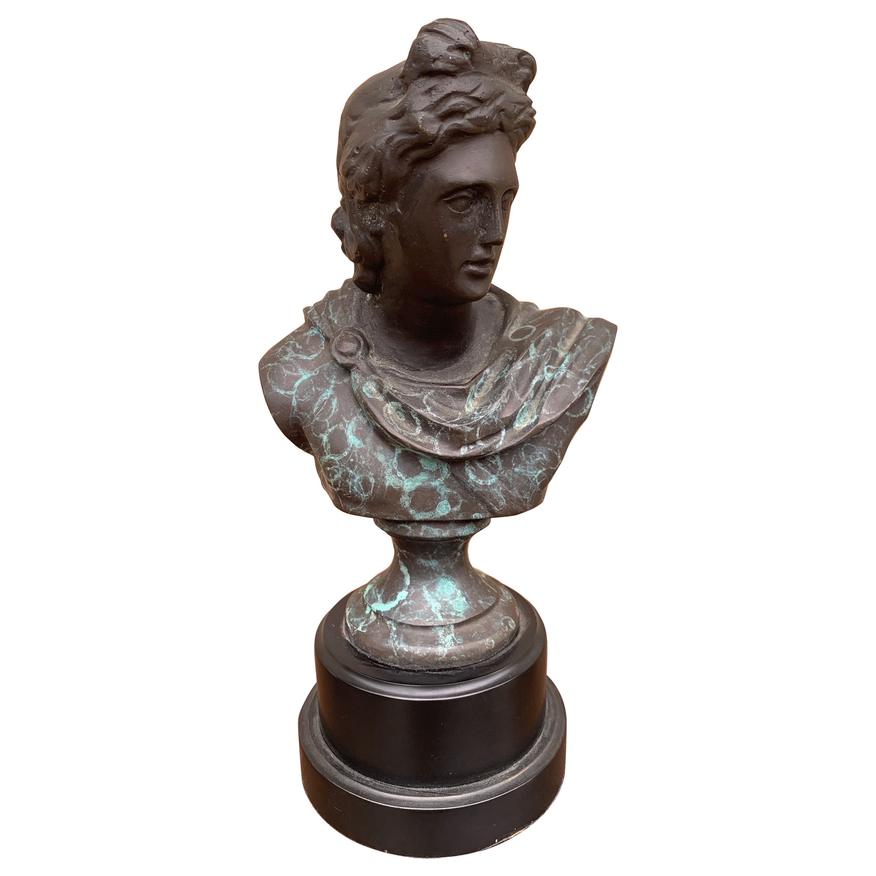 Sculpture classique en laiton Verdigris Buste d'Apollo Mythologique Belvedere