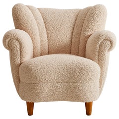 Swedish Scandinavian 1940's Wingback Chair in Sherpa Boucle