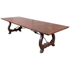 Antique French Trestle Table with Parquet de Versaille Top and Iron Stretcher