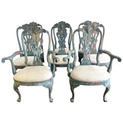 Antique Set of Eight French Painted Dining Chairs w/ Linen Seats