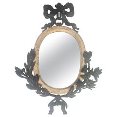 Antique French Painted Oval Shaped Mirror w/ Ribbon & Leaves C. 1900
