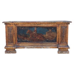 Antique Mid-18th Century Italian Carved Giltwood and Polychrome Painted Trunk