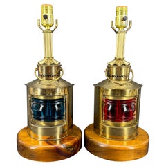 Pair of Vintage Brass Nautical Table Lamps with Red Green Glass