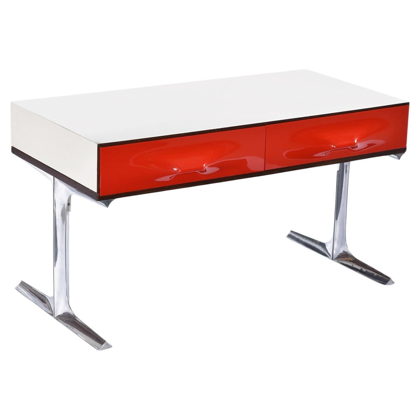 Raymond Loewy DF-2000 Rosewood Chrome Red Plastic Drawer TV Stereo Console