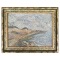 Pintura antigua al óleo sobre tabla Paisaje costero a orillas del mar