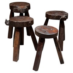 1950s Four Carved Wood Stools Style of Pierre Jeanneret