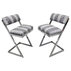 Vintage MCM Milo Baughman DIA Chrome Z Flat-Bar Vanity Stools Newly Upholstered - Pair