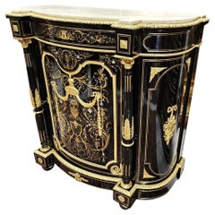 Antique Napoleon III French Black Bronze Boulle Marquetry White Carrara Marble Cabinet