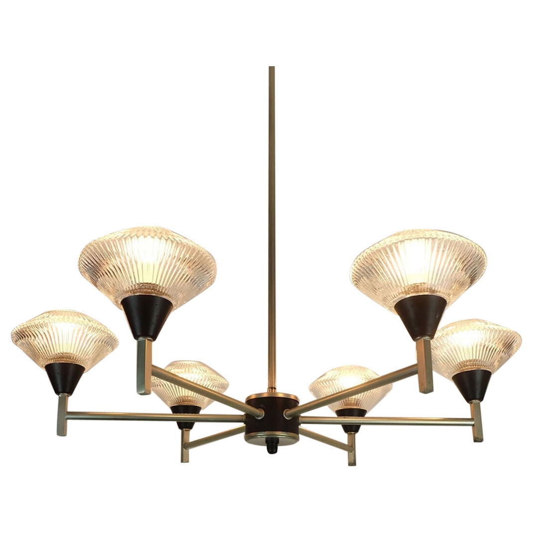 Lampada a sospensione CHANDELIER a 6 luci di metà secolo in vetro, alluminio e metallo earyl 1960