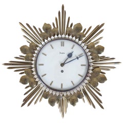 Vintage Mid Century Modern German Junghans Brass Leaf Sunburst Starburst Clock 17"