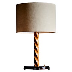 Art deco Turned Cherry Wood Table Lamp with Cast Glass Base, France 1940s