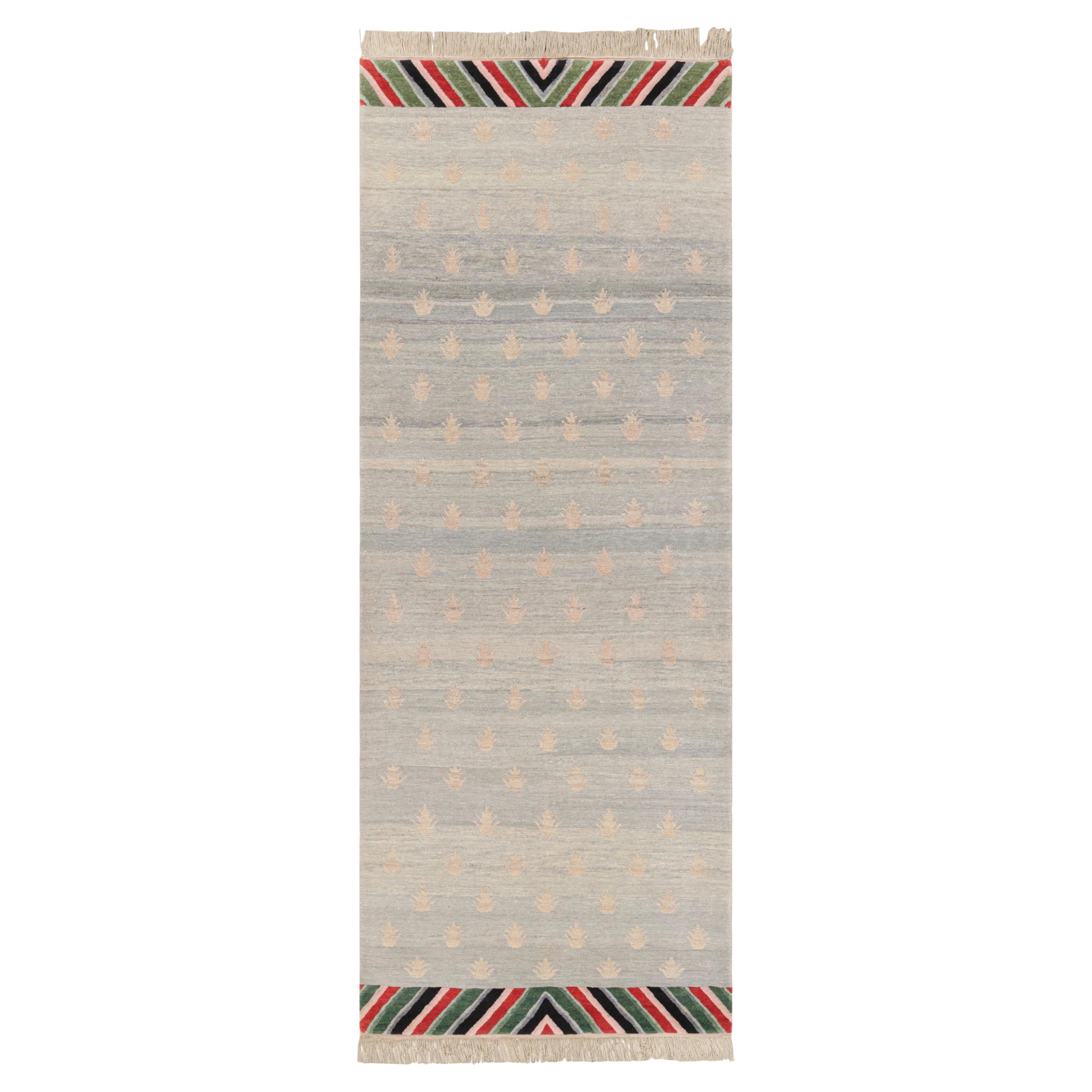 Rug & Kilim's Youngste Geometric Siver-Gray and Green Wool Runner