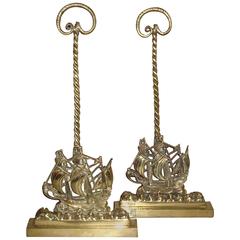 19th Century Pair of Brass Doorstops or Door Porters Depicting the Mayflower