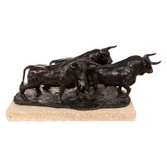1980s Sculpture of Three Bronze-finished Resin Bulls with Travertine Base