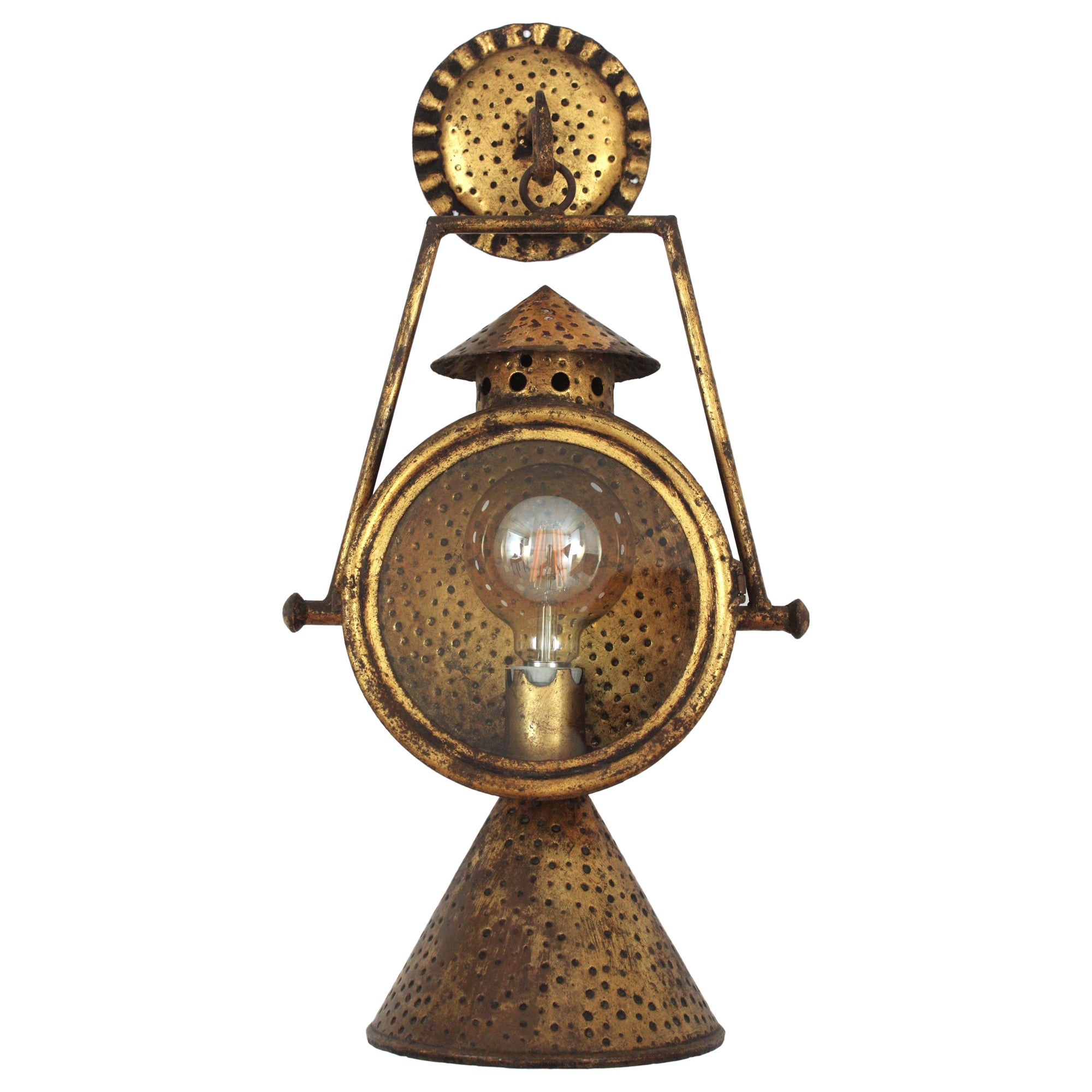 Spanish Railway Design Large Hanging Wall Lantern or Sconce in Gilt Iron
